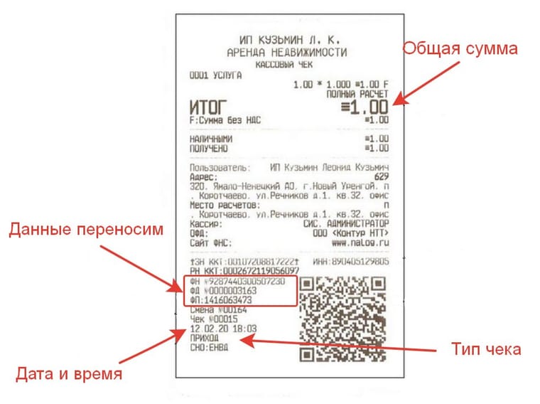 Кассовый чек с обязательными реквизитами