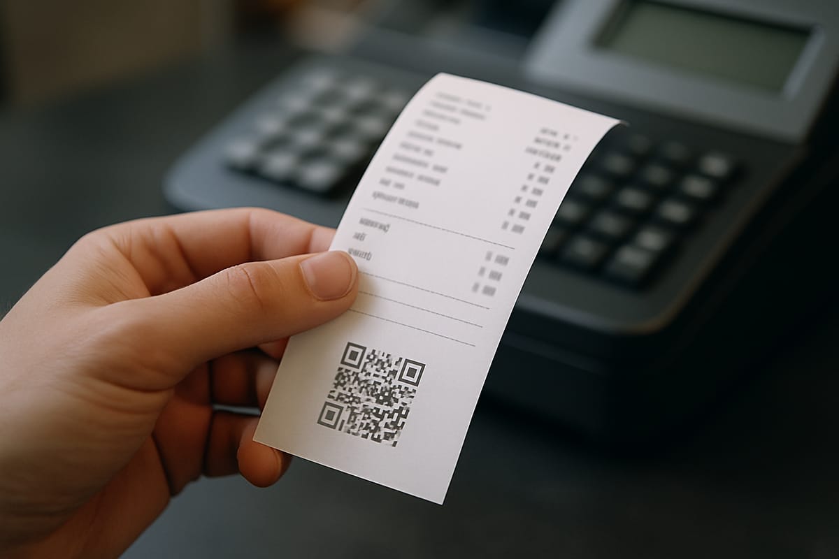 Кассовый чек с QR-кодом в руке у кассы